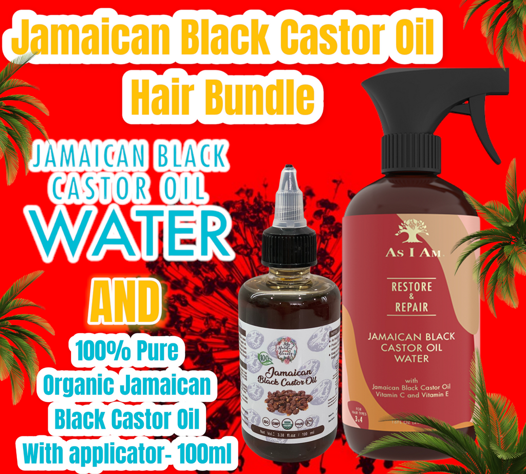 Jamaican Black Castor Oil Water- Restore and Repair - 473 ml (16 fl oz) and Organic Jamaican Black Castor Oil- 100ml Bundle.    This Bundle is ideal for treating the hair as well as the scalp. Focus the spray on the hair and use the oil on the scalp with the easy to apply scalp applicator cap. This bundle is ideal for anyone wishing to treat dry hair, control frizz, refresh hair in between washes, detangle, increase hair fibre and repair and restore the hair for better hair growth.  