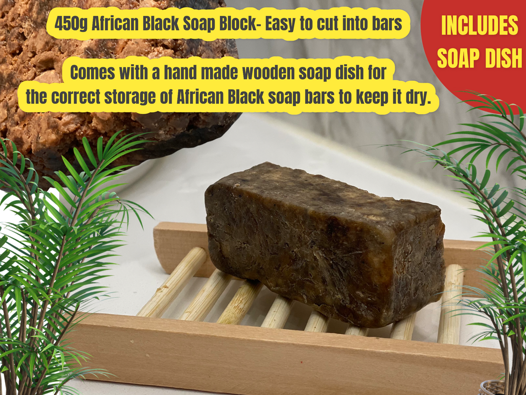 100% PURE AND NATURAL RAW AFRICAN BLACK SOAP – 1lb/ 450-500g block Handmade in Ghana, Africa. With Soap Dish.