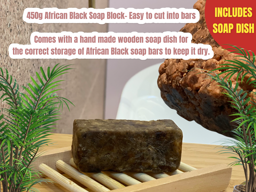 100% PURE AND NATURAL RAW AFRICAN BLACK SOAP – 1lb/ 450-500g block Handmade in Ghana, Africa. With Soap Dish.