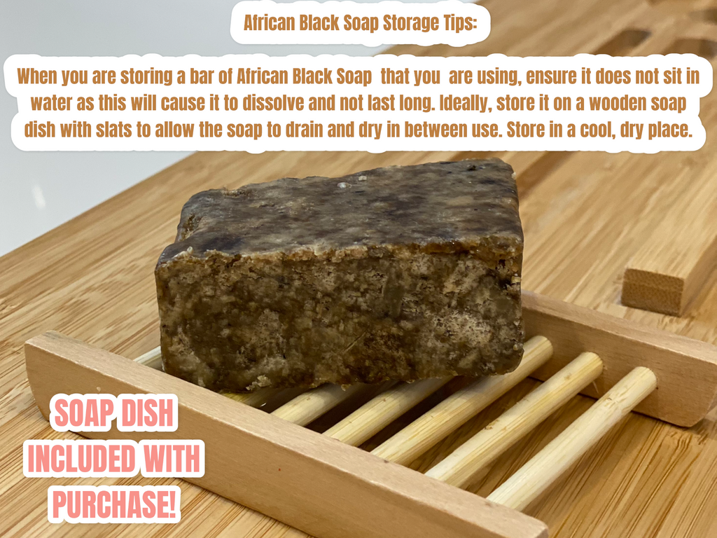 Place the bar on the wooden soap dish with slats (or similar soap dish with drainage) to allow the soap to drain in between use. Ideally just cut/ break off chunks that you are using and keep them on your soap dish with slats, keeping the rest in an airtight container, plastic wrap, ziplock bag, the resealable pouch it comes in or similar in a cool dry storage area.
