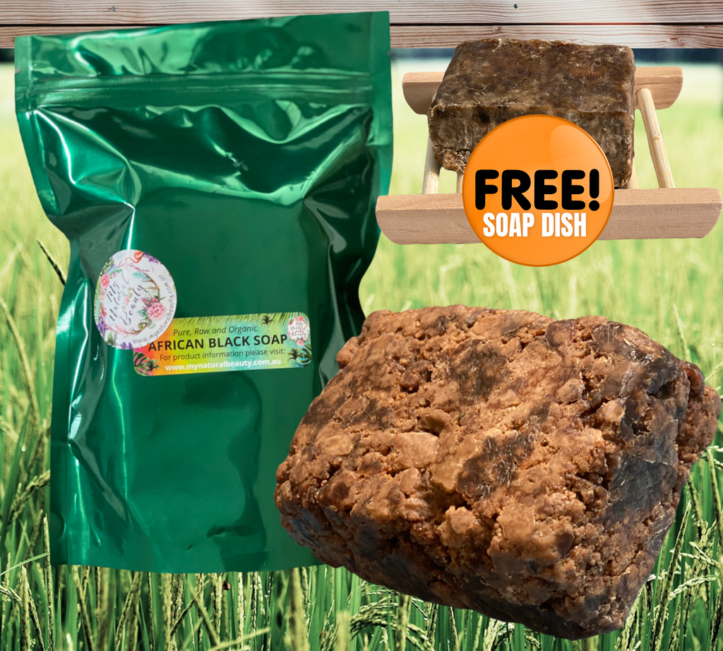 100% PURE AND NATURAL RAW AFRICAN BLACK SOAP – 1lb/ 450-500g block Handmade in Ghana, Africa. With Soap Dish.   BONUS SOAP DISH INCLUDED: For correct storage you will receive a wooden handmade soap dish with every purchase. 