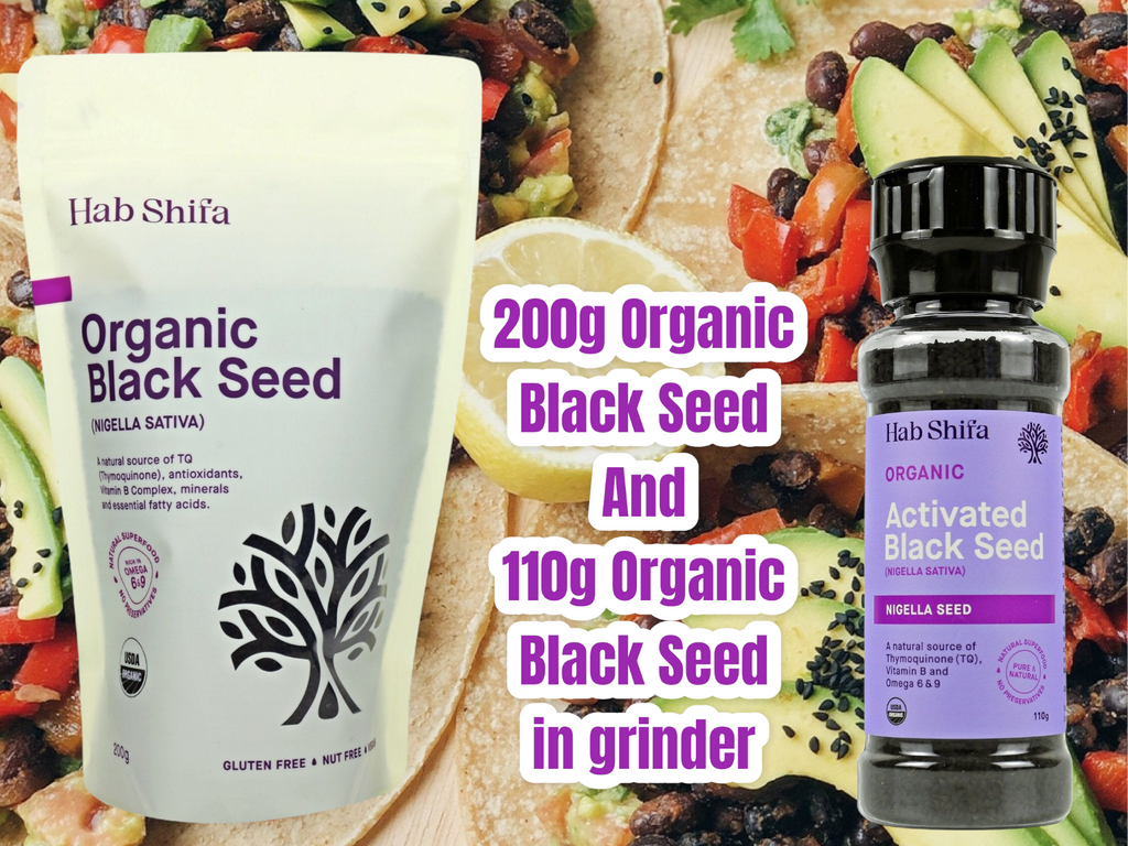 Hab Shifa Organic Black Seed  (NIGELLA SATIVA)   BUNDLE- 200g Packet and 110g Grinder.   Enjoy Black Seeds with this amazing bundle which includes:  •	1x 200g Packet of Hab Shifa Organic Black Seed •	1x Hab Shifa Organic Activated Black Seed Grinder 110g