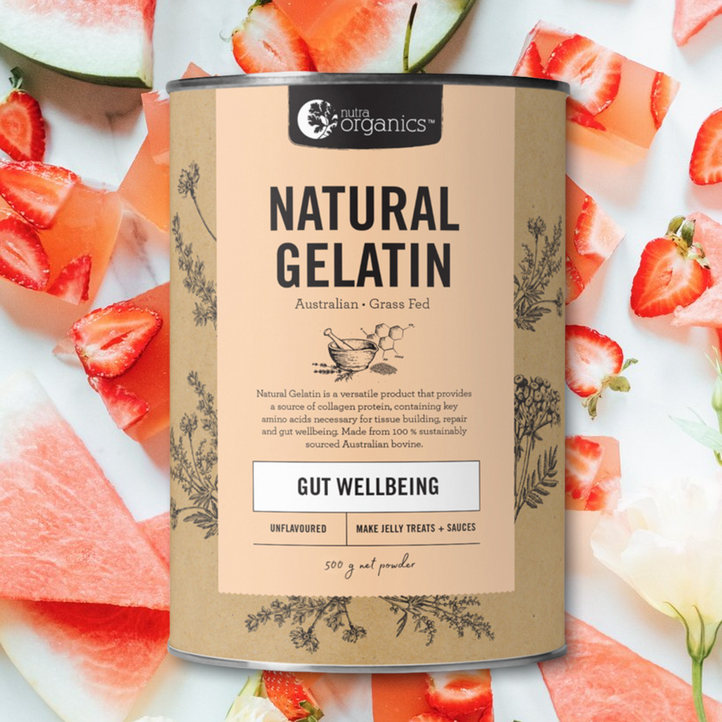 MORE INFO (INFORMATION WRITTEN BY NUTRA ORGANICS)     Gelatin is a pure protein source, derived from collagen, containing amino acids that contribute to the building and repair of tissues within the body, including the gut^.  Collagen is the most abundant protein in the human body, found in skin, bones, muscles and connective tissue, and begins to degenerate in our mid 20s when we start to show the signs of aging. 