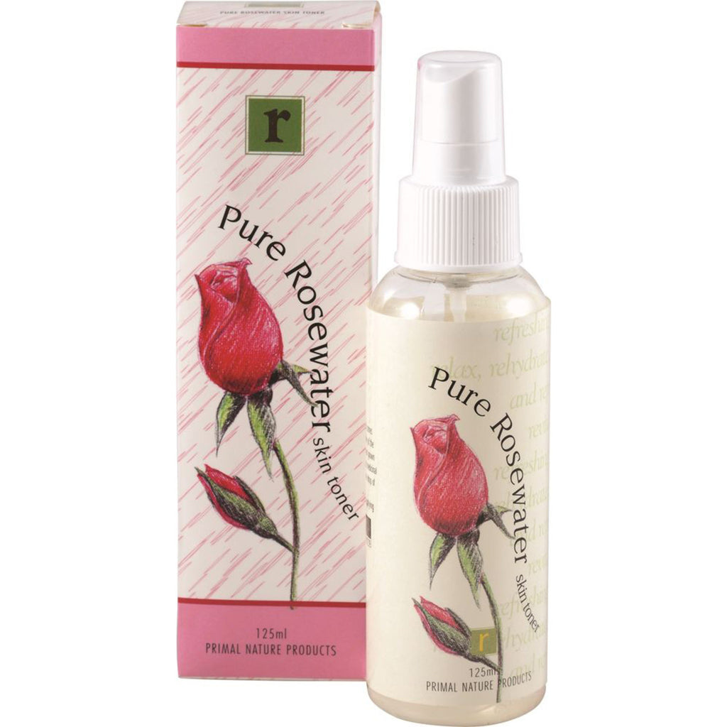 Primal Nature Rosewater Skin Toner 125ml  Primal Nature’s Rosewater Facial Toner is a natural beauty product that is used after cleansing or exfoliating to prepare your face for moisturising. It may be used any time you feel the need to freshen up, relax and re-hydrate your skin!    INGREDIENTS:    100% pure Rose Water     DIRECTIONS FOR USE:    Apply directly to face     STORAGE CONDITIONS:    Store below 30°C   
