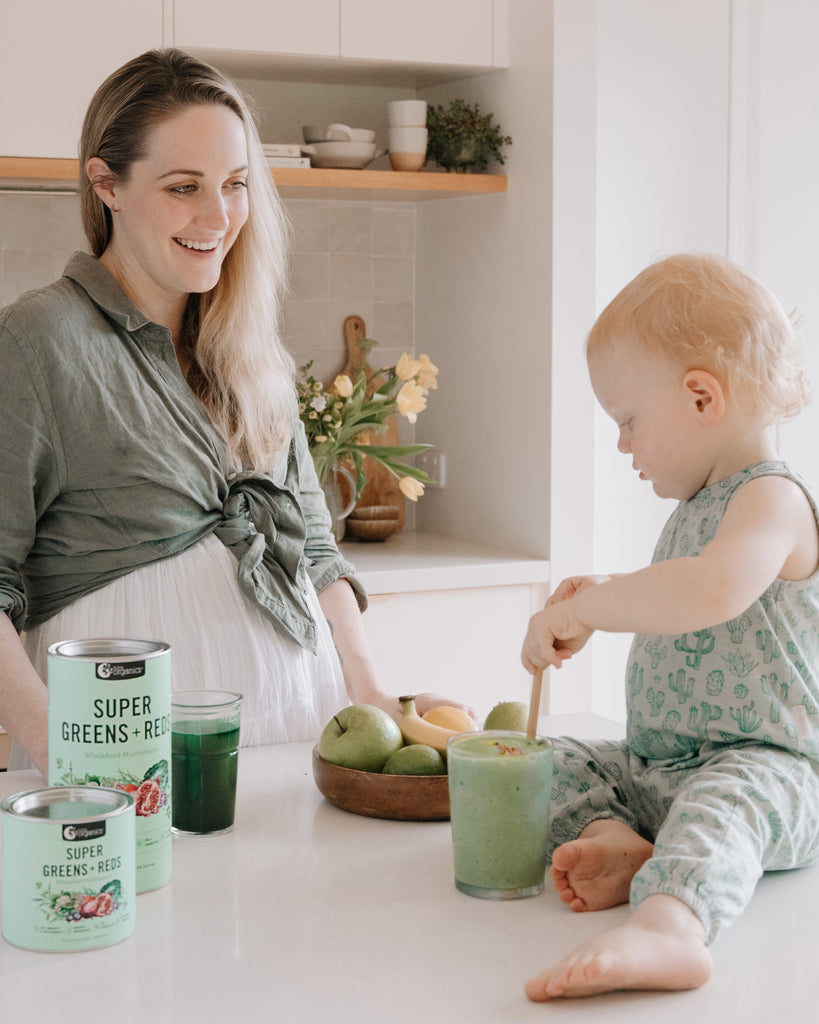 SUPER GREENS + REDS IS NOW:     Family friendly- The entire family can consume Super Greens + Reds, including the kids and pregnant & breastfeeding women.   More organic- Super Greens + Reds is made with above 70% organic ingredients.   Caffeine free- Nutra Organics have said goodbye to Matcha and coffee extract in Super Greens + Reds.
