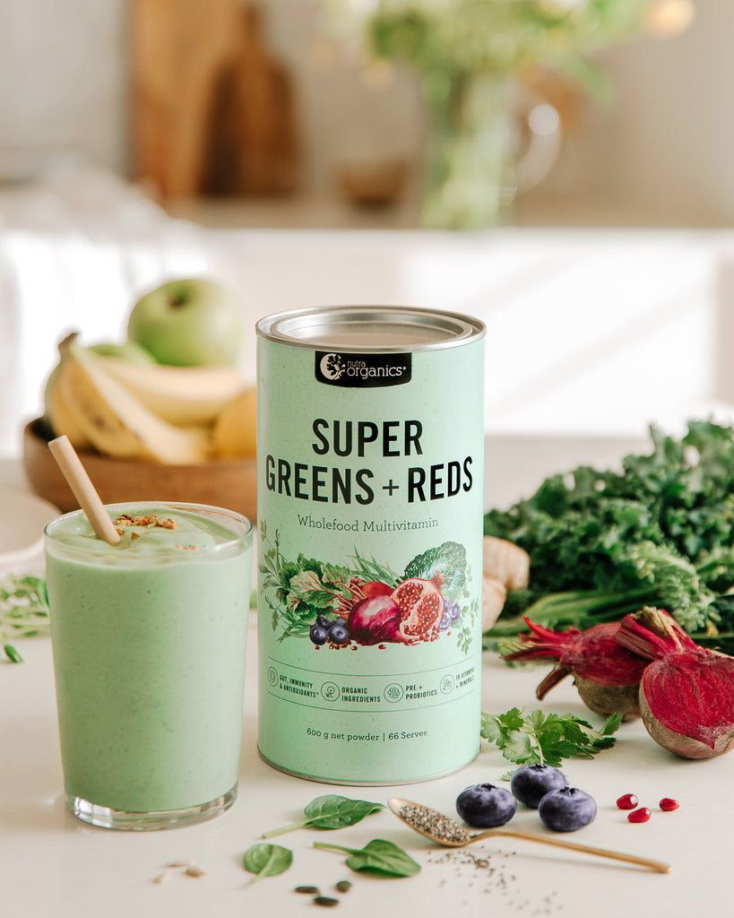  SUPER GREENS + REDS IS NOW:     Family friendly- The entire family can consume Super Greens + Reds, including the kids and pregnant & breastfeeding women.   More organic- Super Greens + Reds is made with above 70% organic ingredients.   Caffeine free- Nutra Organics have said goodbye to Matcha and coffee extract in Super Greens + Reds. 