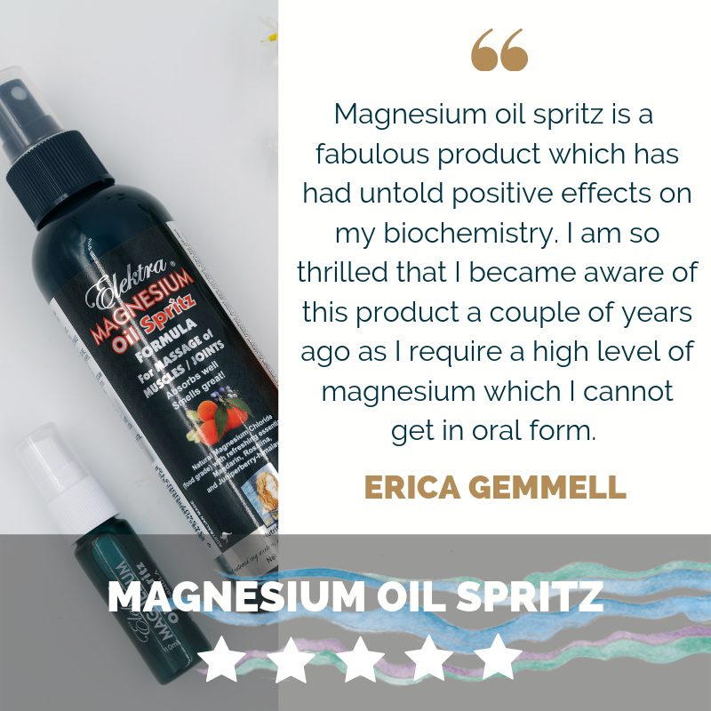DESCRIPTION:  Elektra Magnesium Oil Spritz (strong formula) has a pleasant mandarin essential oil fragrance and can be used in massage to relax tight muscles and joints. It glides on easily and absorbs well. This body spray offers potent high concentration magnesium chloride plus botanical ingredients to enhance absorption, without the sticky irritating residue of just pure magnesium oil.  It is not a moisturizer or skin conditioner like Elektra Magnesium Cream or Charge Lotion, however it delivers high con