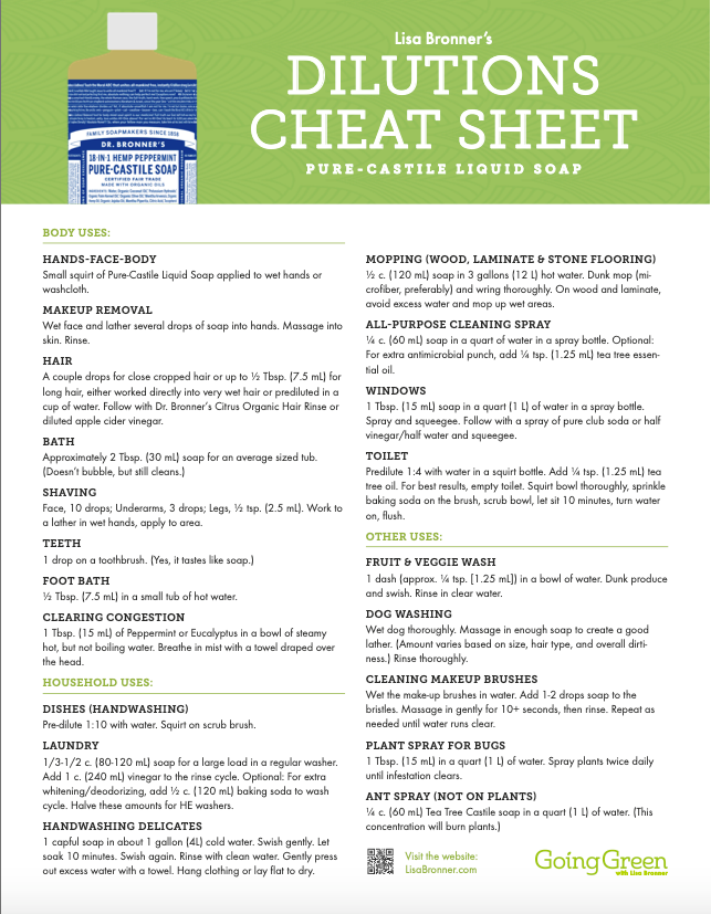 Dr Bronner's dilutions cheat sheet Pure Castile Liquid soap 