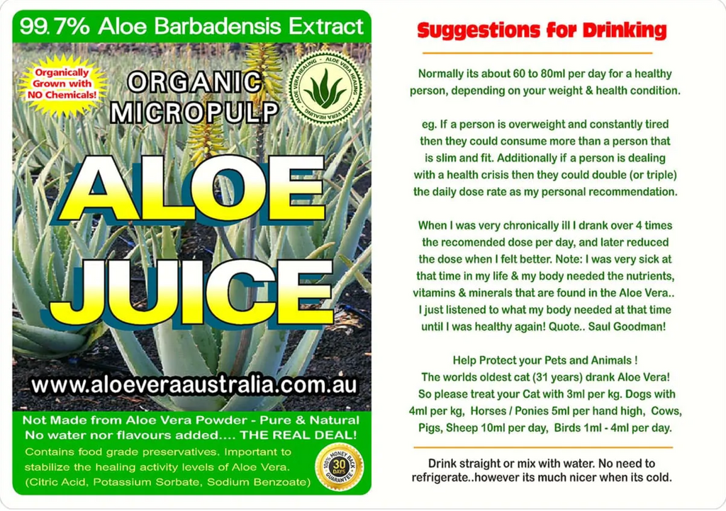 Food Grade organic Aloe Juice 99.7% Pure. For a range of health benefits. Product information and label. Suggestions for drinking.
