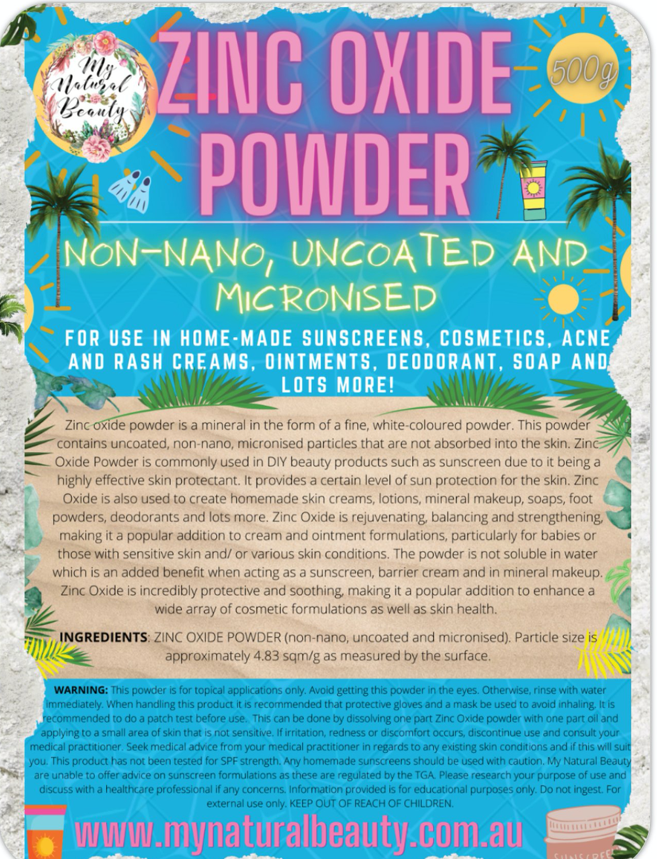  Buy Bulk Zinc Oxide Powder Australia. ZINC OXIDE POWDER- 1kg (2 x 500g ) NON-NANO, UNCOATED AND MICRONISED.    BULK 1kg. In 2 x 500g resealable pouches.      COSMETIC GRADE- For external use only. For use in home-made sunscreens, cosmetics, acne and rash creams, ointments, deodorant, soap and lots more!
