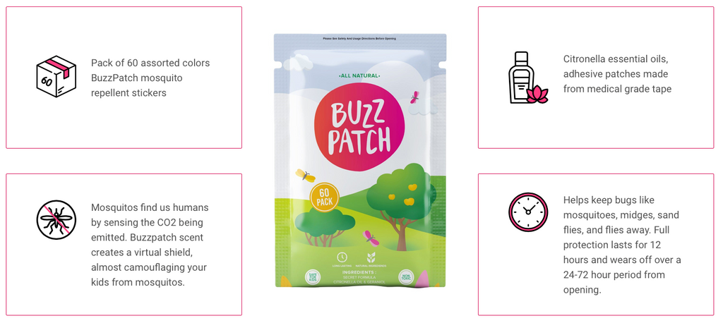 Buy BuzzPatch Mosquito Repellent Patches   Pack of 60 assorted colours BuzzPatch mosquito repellent stickers. The world’s #1 all-natural, non-spray protection against mosquitoes! Buy online Australia. Free shipping.