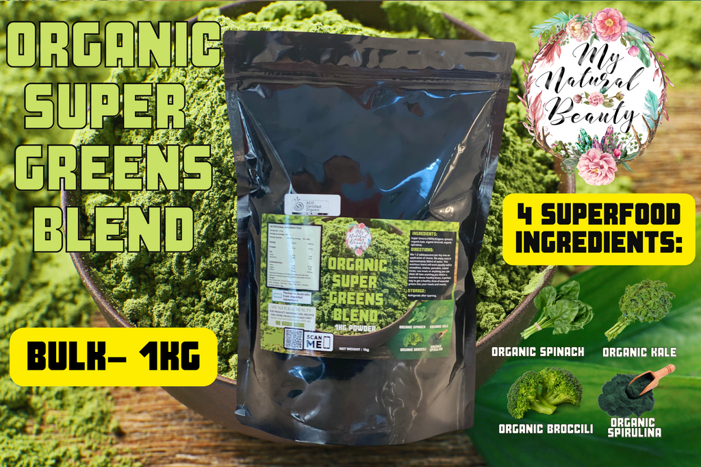  ORGANIC SUPER GREENS BLEND- 1kg   THERE ARE JUST 4 SUPERFOOD ORGANIC INGREDIENTS USED TO MAKE THIS POWDER:   Organic Spinach Organic Kale Organic Broccoli Organic Spirulina