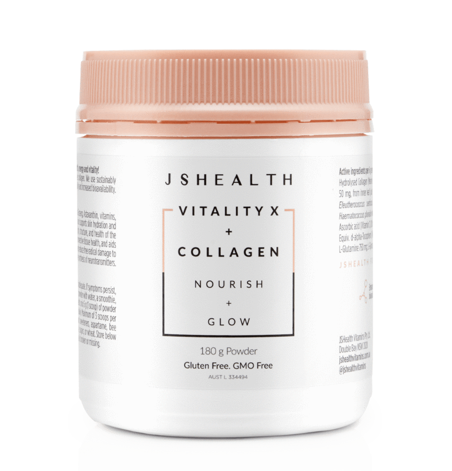 The powerful ingredients in our Vitality X + Collagen:  Marine Collagen, Aloe Vera, Turmeric, Siberian Ginseng, Astaxanthin, vitamins, minerals, and amino acids. Collagen supports collagen formation and health, and supports skin hydration and elasticity in females. Astaxanthin maintains and supports the firmness, integrity, structure, and health of the skin. Vitamin C supports collagen formation, vitality, immune system health, connective tissue health, and aids in the formation of connective tissue. Vitami