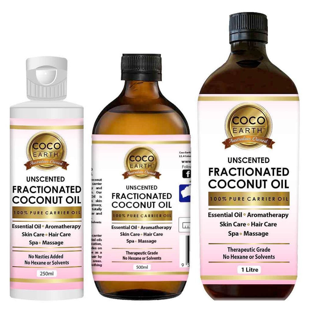 Coco Earth Fractionated Coconut Oil  Available Sizes (please choose from the menu):  250ml, 500ml or 1 Litre  Our 100% Pure Fractionated Coconut Oil works as an excellent carrier oil or base oil for a range of health & beauty products such as conditioner, soaps, skin care products, essential oils, hair care products, moisturizer, lotions and many more. Prepared from the organically grown coconuts, Coco Earth’s Fractionated Coconut Oil has a myriad of benefits and is pure as possible. It is good for Skincare