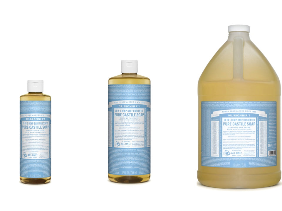 Dr. Bronner's Pure-Castile Soap Liquid (Hemp 18-in-1) Baby Unscented 473ml, 946ml or 3.78L