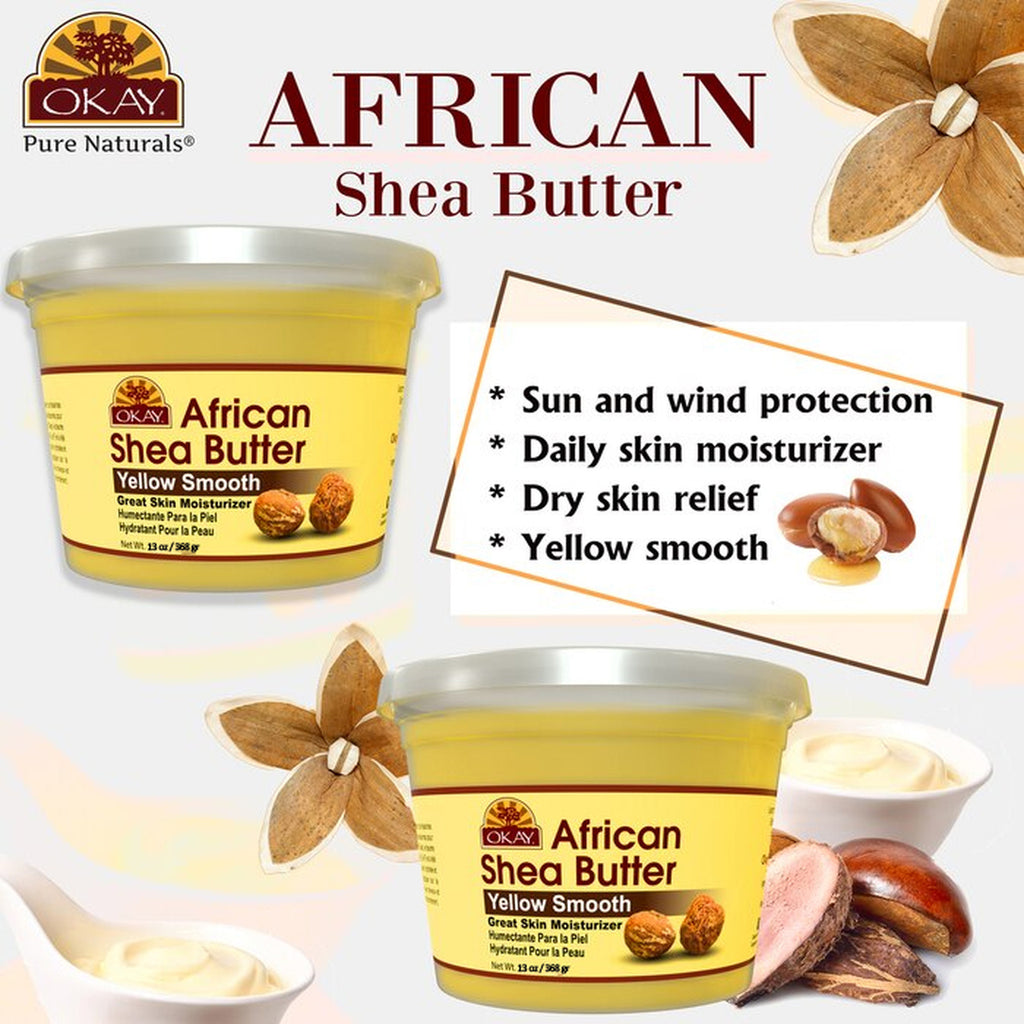 Okay Pure Naturals, African Shea Butter, Yellow Smooth, 13 oz (368 g) x 2     OKAY Pure Naturals Shea Butter Yellow Smooth - All Natural, 100% Pure- Unrefined- Daily Skin Moisturiser For Face & Body- Softens Tough Skin- Moisturizes Dry Skin- Adds Shine & Luster To Hair-Alleviates Scalp Dryness 13 oz / 368g.