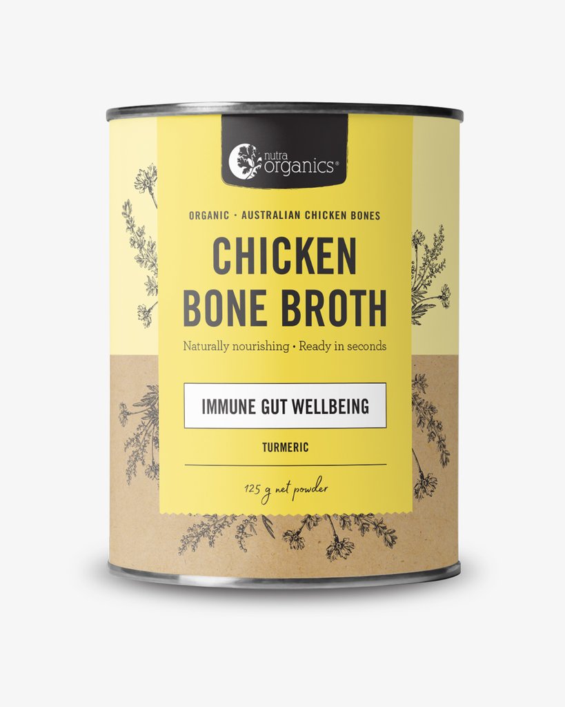 BRAND: Nutra Organics   Chicken Bone Broth Turmeric is naturally nourishing with curcumin, zinc & B vitamins to support immunity, energy and gut wellbeing.~ Ready in seconds, as tasty and nutritious as homemade and easy to take on the go!