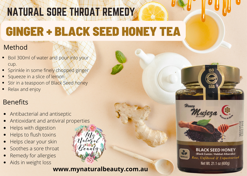 Black Seed honey tea. Black Seed honey for cold and flu. Immune system. Recipe for Black Seed honey and ginger tea.