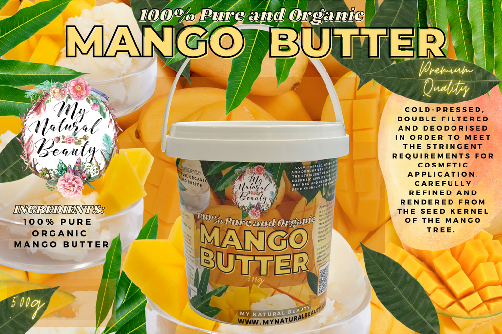 100% Pure and Organic Mango Butter- 500g   PREMIUM COLD-PRESSED MANGO BUTTER. 100% Natural, Pure and Organic.   A wonderful natural product that can be used on its own on the skin and hair or as a wonderful ingredient in many DIY cosmetic hair and beauty formulations.  