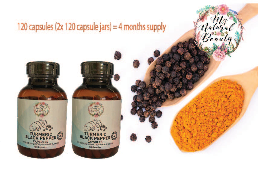 120 x 100% Natural Organic Turmeric and  Black Pepper Capsules   120 CAPSULES IN A SEALED CAPSULE JAR. THIS IS A 60 DAY SUPPLY. Sydney, Australia Stock. Fast Dispatch. Free shipping with tracking.  Pairing Turmeric with Black pepper increases the bio-availability of Turmeric and enhances absorption. 